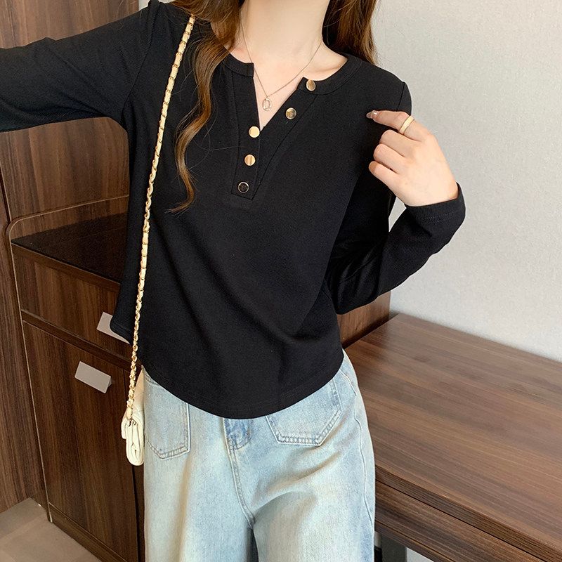 V Neck Chic Slightly Fat Sister Belly-Covering Long Sleeve T-Shirt