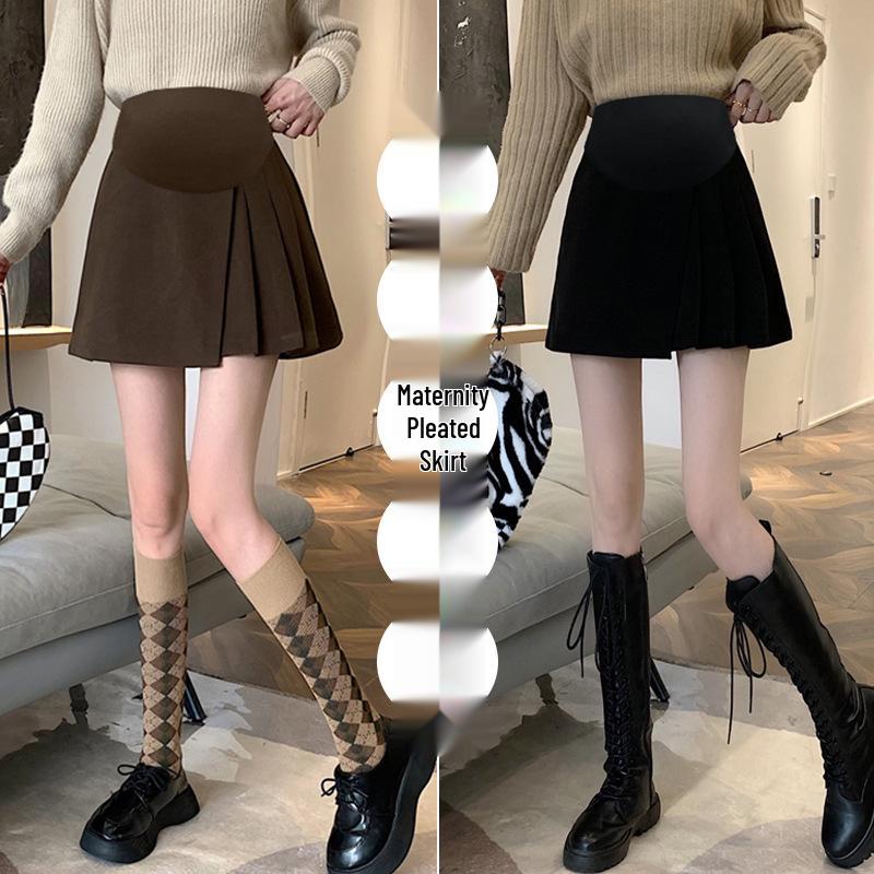 

Maternity Woolen Pleated A-line Skirt - Stylish Autumn/Winter Short Skirt with Lining L кавовий