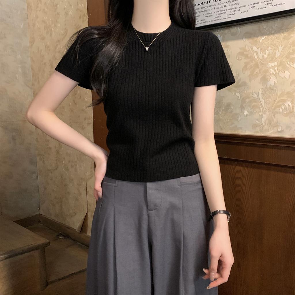 High-end Korean Pit Strip Short-sleeved Women's Spring and Summer Fashionable Solid Color Simple Foreign Style Thin Knitted T-shirt Top