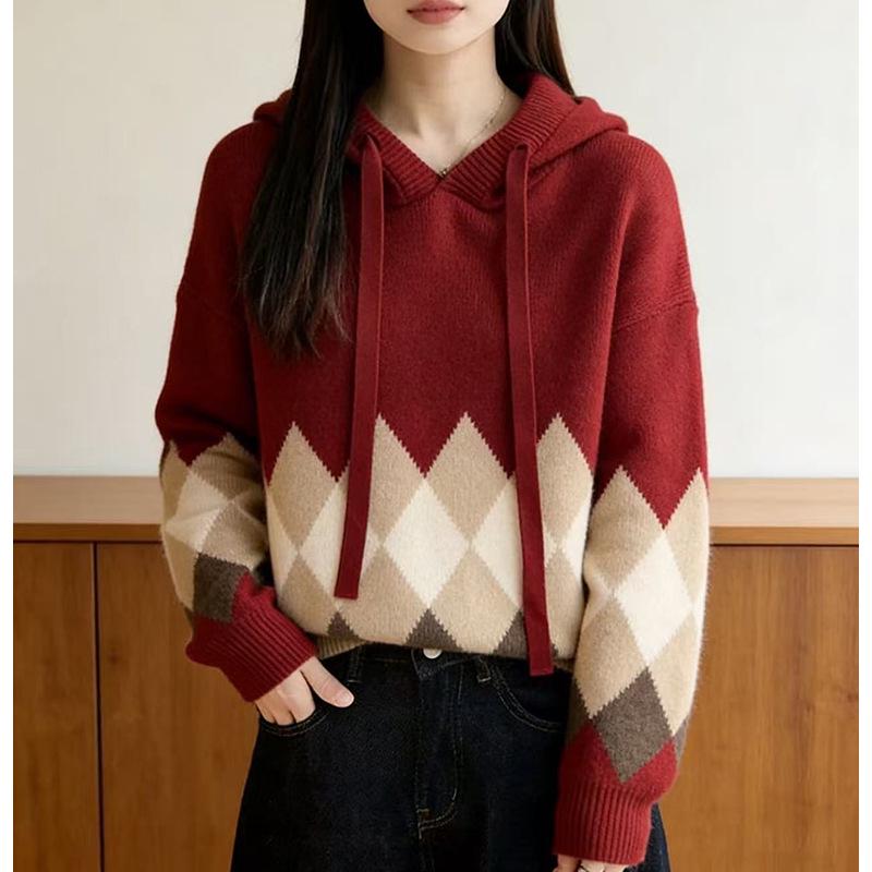 Women's Loose Red Diamond Pattern Hooded Sweater - Autumn/Winter Stylish Knit Top