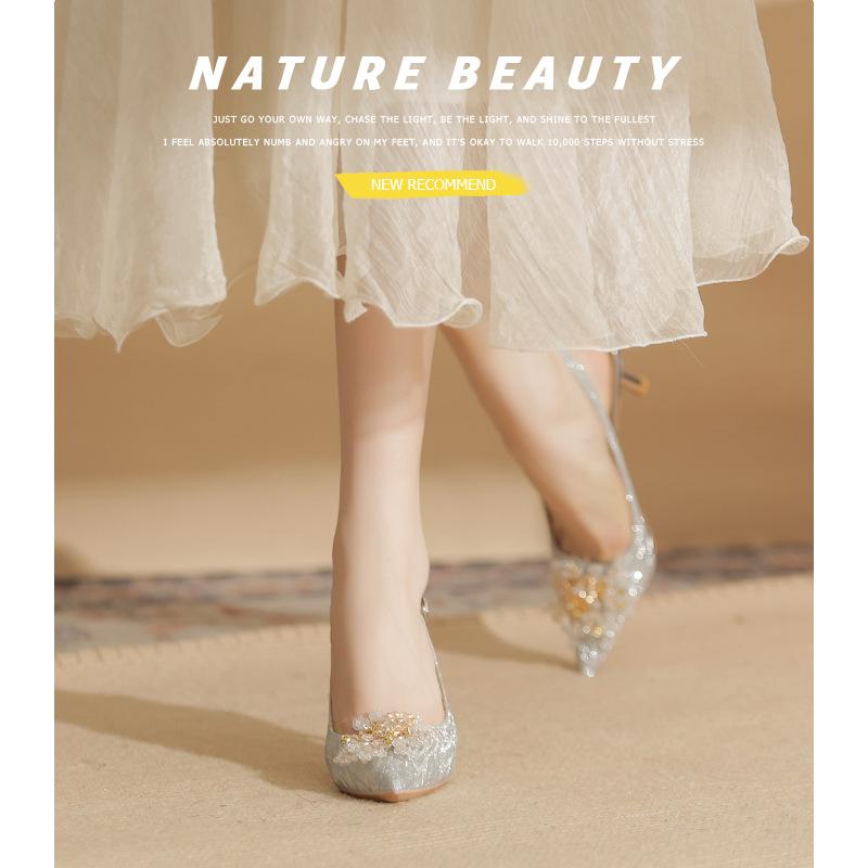 7520-2 [sheepskin] high heels women's thin heels 2025 new pointed temperament crystal wedding shoes empty sandals