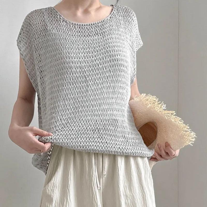 Summer Knitted Short Sleeve Loose Casual T-shirt Women Fashion Thin Minimalist Hollow Out Round Neck Tshirts Woman Elegant Slim Fit Tee Shirt 26323