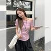 Pure Desire Diagonal Neck Off-the-shoulder Pleated Short-sleeved T-shirt Women's Summer New Slim-fitting, Thin Waist Design Top