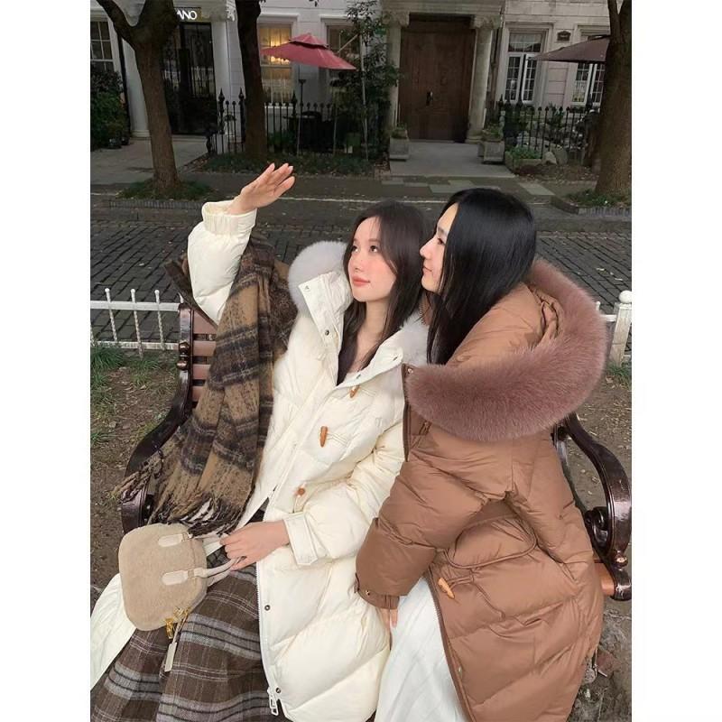 Womens Long White Duck Down Coat With Faux Fur Collar Korean Style Oversized Winter Jacket