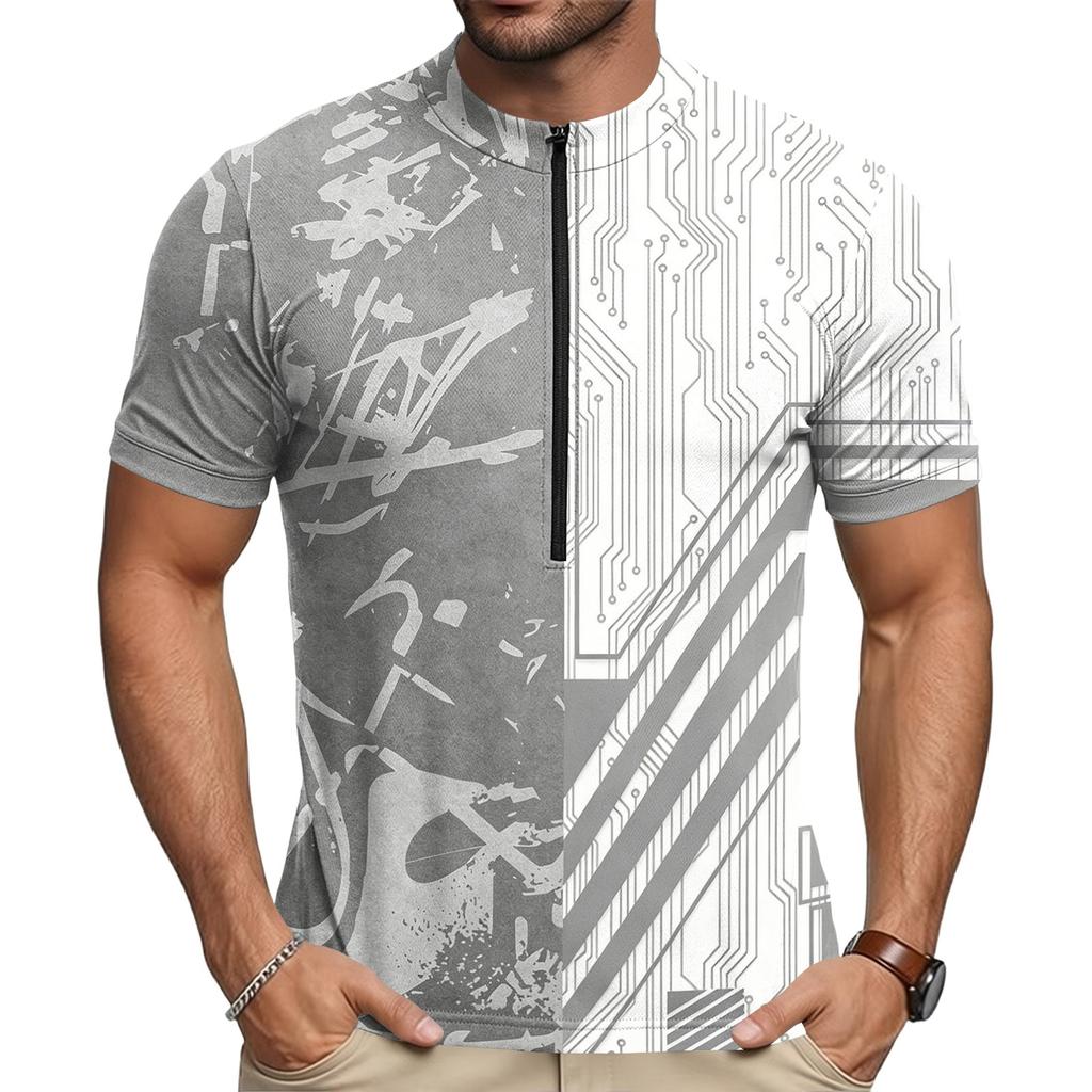 Tricou de ciclism pentru bărbați, cu gât rotund, imprimat, cu mânecă scurtă, fermoar, respirabil, cu uscare rapidă, cămașă sport pentru ciclism în aer liber