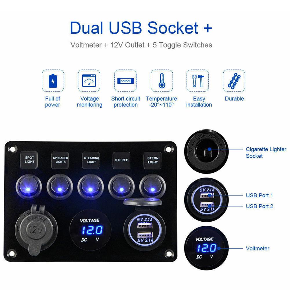 5 Gang 12V/24V Inline Fuse Box Boat Switch Panel Dual USB Car Switch Panel Waterproof with Digital Voltmeter for Truck RV Boat