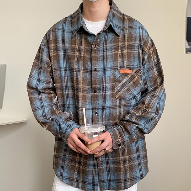 

Мужская клетчатая рубашка свободного кроя - Весна/Осень, Длинный рукав, Шик, Большой размер 9XL кофейный
