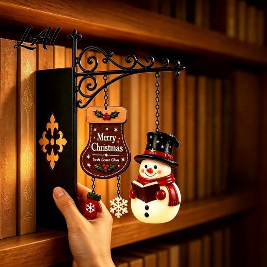Holiday Home Library Ornaments Christmas Bookshelf Hanging Light Snowman Book Nook Lamp Metal Floating Display Holders Lantern Decor Ornament