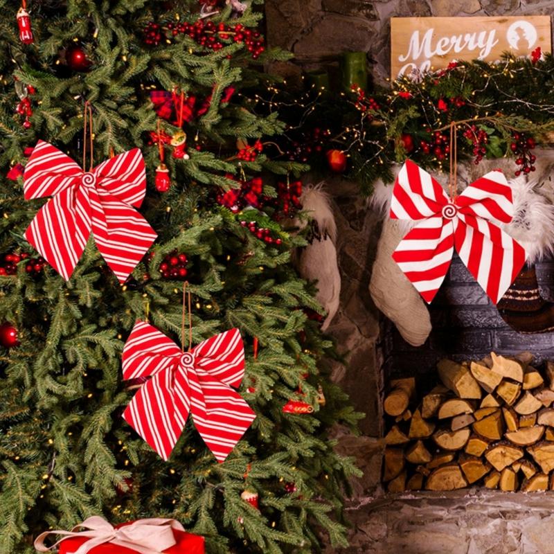 1Pc Christmas Decoration Supplies Red and White Striped Bow Candy Sponge Bow Pendant Christmas Tree Decoration