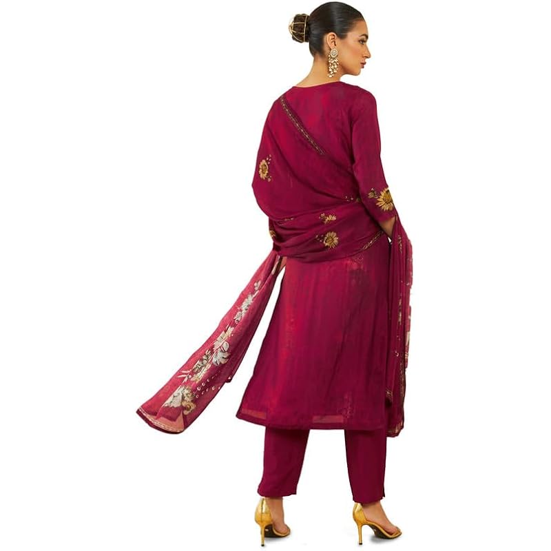Soch Womens Maroon Silk Blend Suit Set with Floral Print and Hand Embroidery XL малиновый