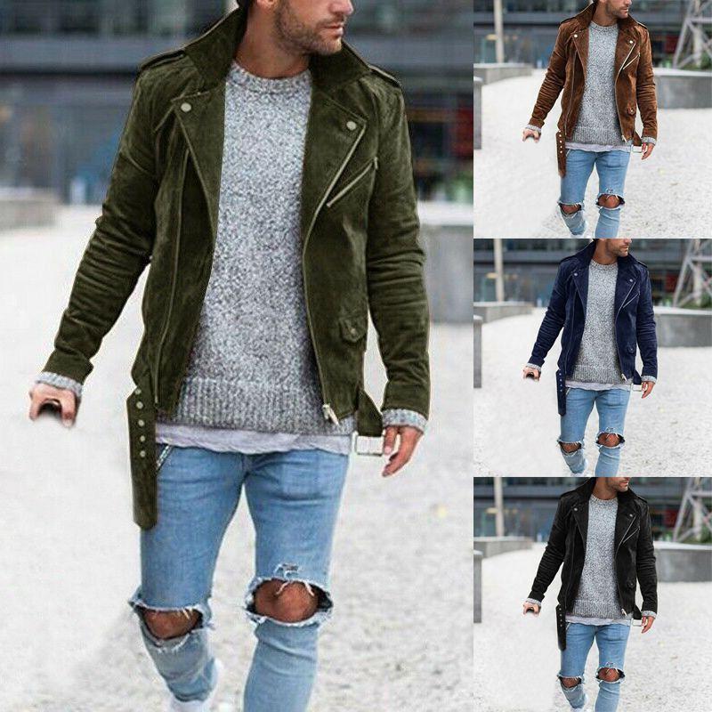 Men's Slim Faux Suede Leather Jacket With Lapel Collar And Zipper Closure For Autumn