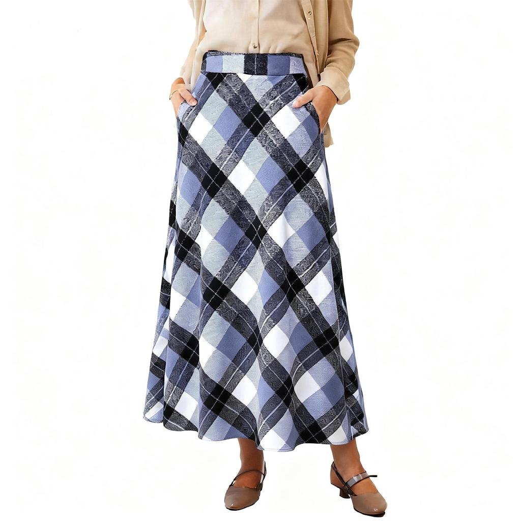 Women's Retro Plaid Maxi Skirt, High-Waisted, Fashionable Casual A-Line Pleated Plaid Floor-Length Skirt