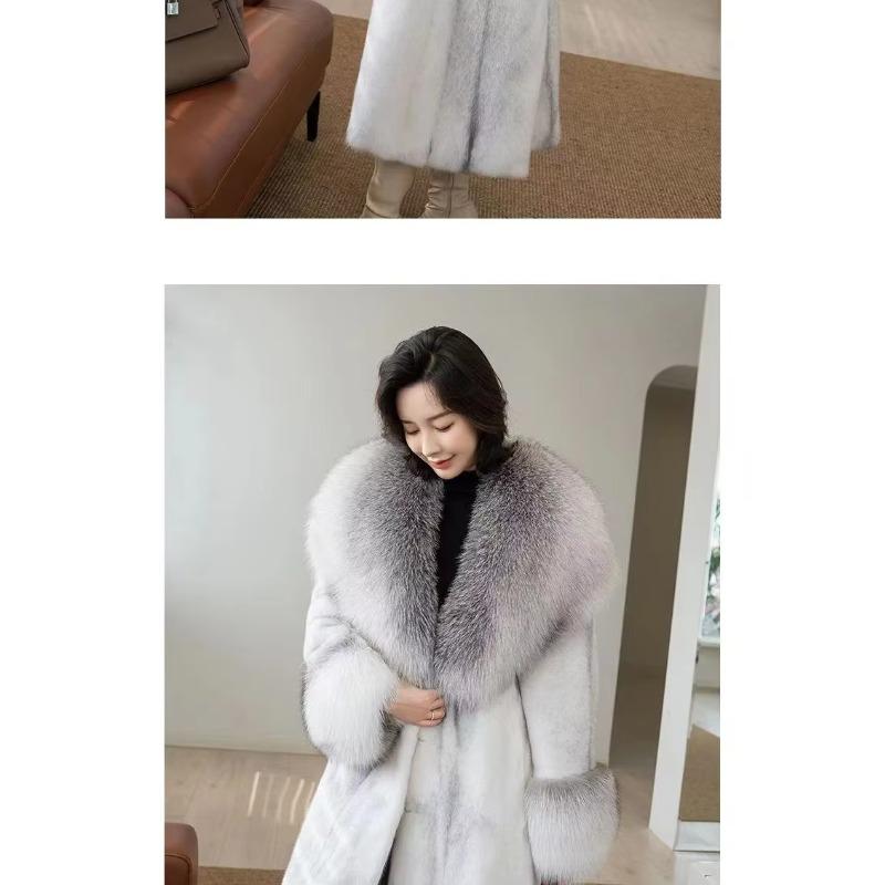Schicker Nerzmantel Damen Übermantel Herbst Winter Dick Warm Pelzparka Locker Fuchsfellkragen Lange Nerzmäntel