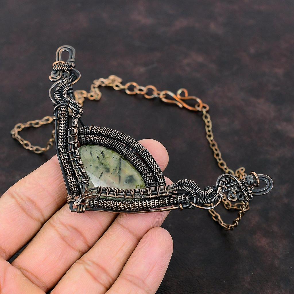 Moss Prehnite Necklace Copper Wire Wrapped Necklace Handmade Adjustable Chain Necklace Copper Jewelry Wire Wrapped Gemstone Jewelry For Gift