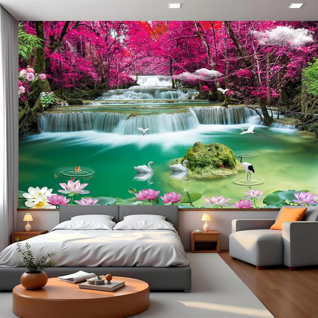 Forest Waterfall Wall Mural Swans Fish Landscape Wallpaper for Living Room Decor