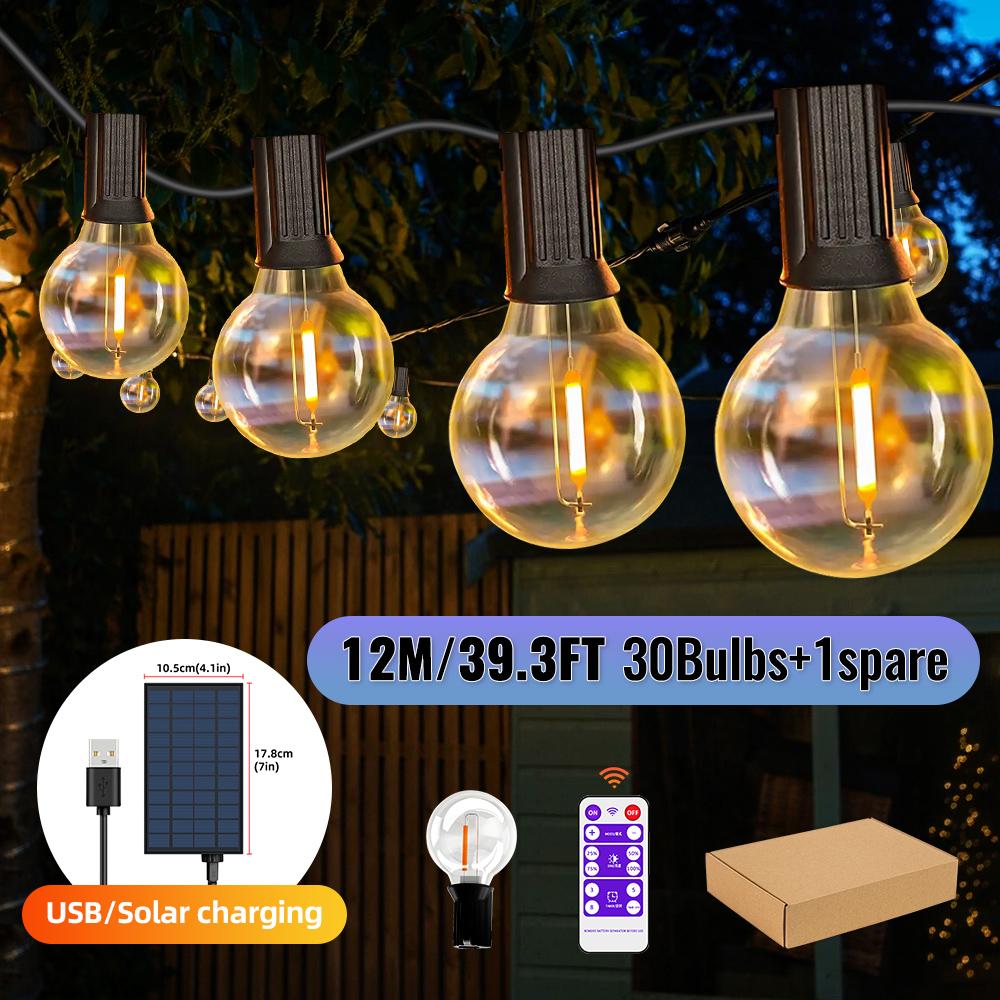 G40 Globe Solar String Lights Outdoor, 8 Light Modes, USB Charge & Remote, Waterproof Plastic Bulbs for Balcony Garland Wedding