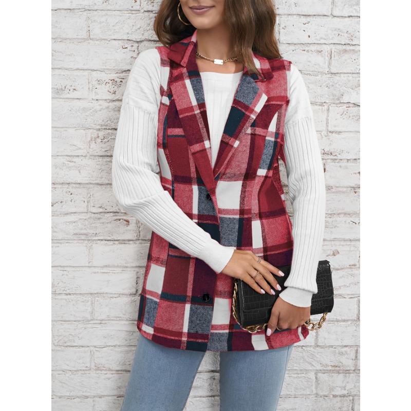 YYFS Women's Fashion Casual Plaid Print Autumn Winter Sleeveless POLO Neck Jackets & Coats