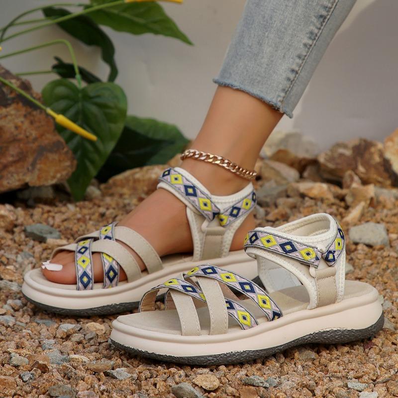 Women's New Summer Color-block Fashion Ethnic Style Light Beach Shoes Cross with Peep-toe Soft Platform Sandals
