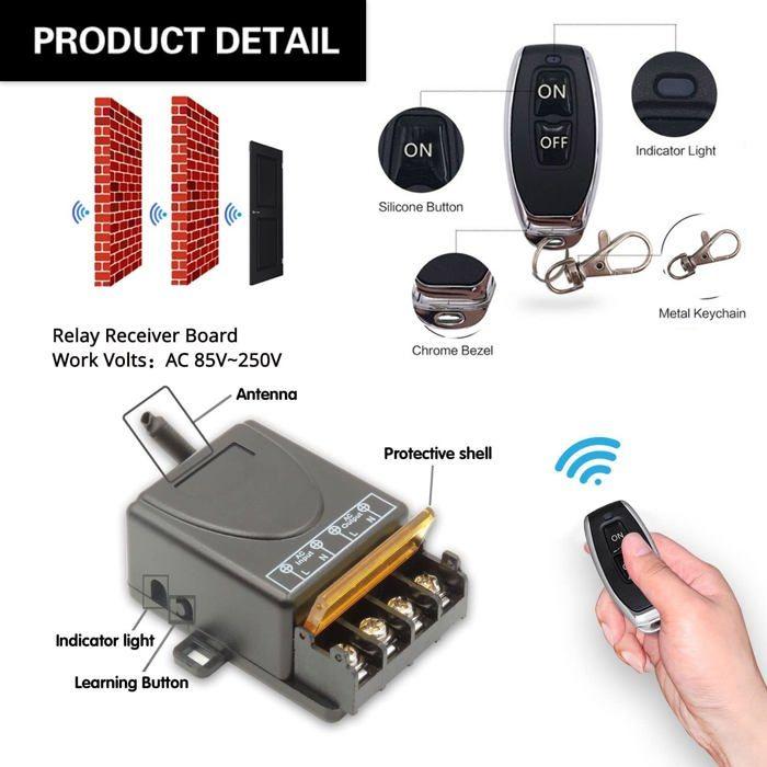 Interrupteur RF sans fil 433 MHz 30A 7200W ON/OFF – Récepteur 85–240V portée 50 m pour lumières et pompes