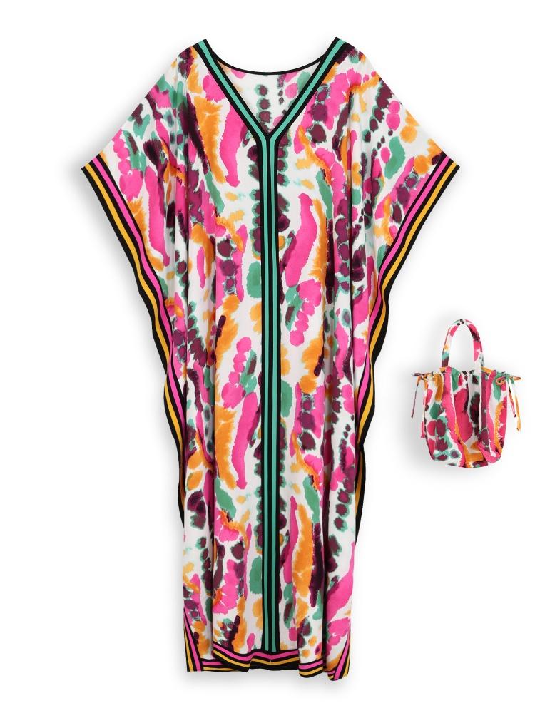EDOLYNSA Plus Size Kaftan With Bag Bohemian Printed Summer Long Beach Dress Women Homewear Outfit Swim Suit Cover Up Loose Caftan