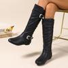 Fashion Metal Buckle Flat Single Boots Autumn New Round Toe Side Zipper Soft Sole Anti-Slip Wear-Resistant Tall Boots