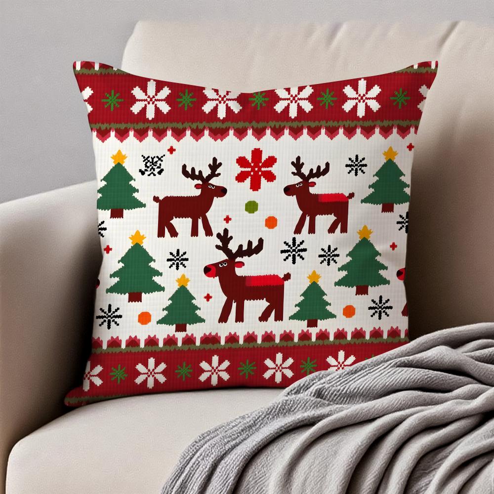 Christmas Illustration Festive Cushion Cover Pillowcase Antidustmite Invisible Zipper Short Plush Sofa Cushion