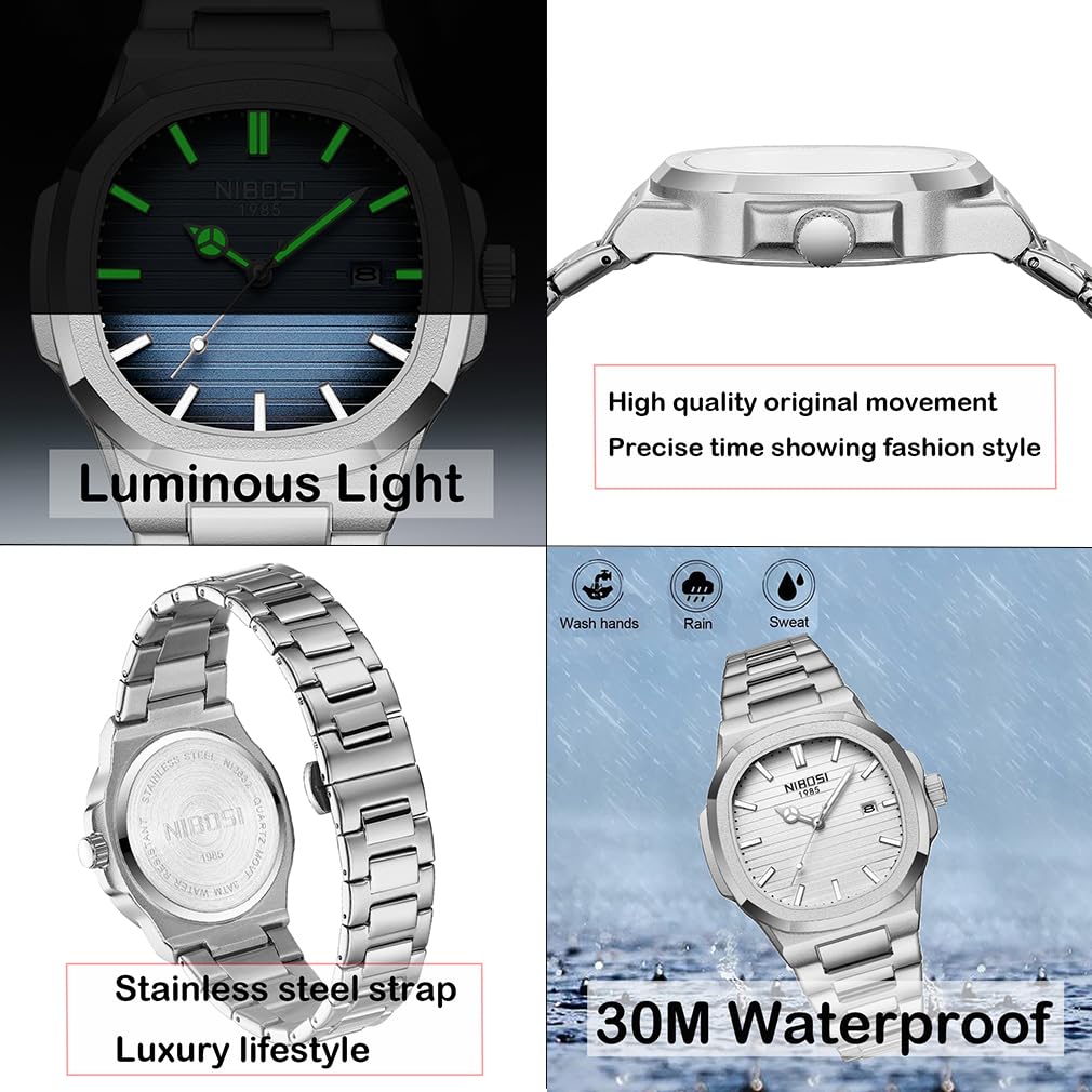 NIBOSI Stylish Stainless Steel Wristwatch for Waterproof Analogue Watch with Metal Date Fluorescent Classic and Luxury Perfect As a Gift Men's