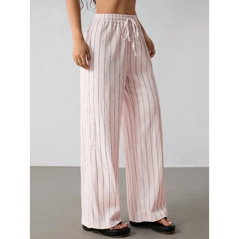 Casual Loose Striped Drawstring Elastic Waist Contrasting Color Multi-color Wide-leg Pants Women