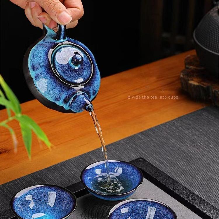 Keramik-Teekanne und Tassen-Set, Teegeschirr, Kung-Fu-Tee-Set, Jun-Ofenwechsel-Teekanne und Teetasse, alluviales Gold, chinesisches Tee-Set, Tasse