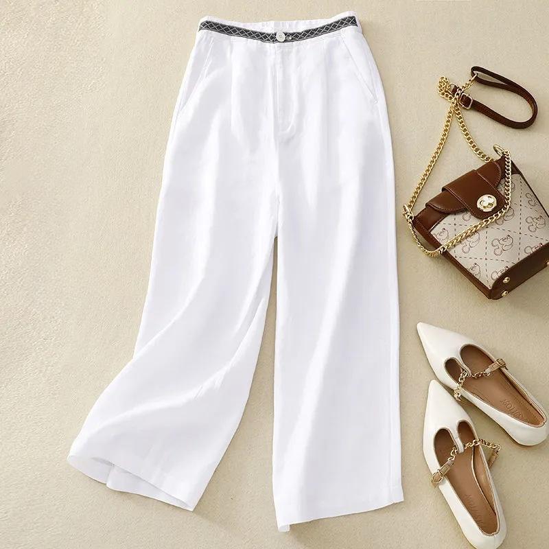 Spring Summer Retro Embroidered Cotton Linen Wide Leg Pants Women Loose Large Size Trousers