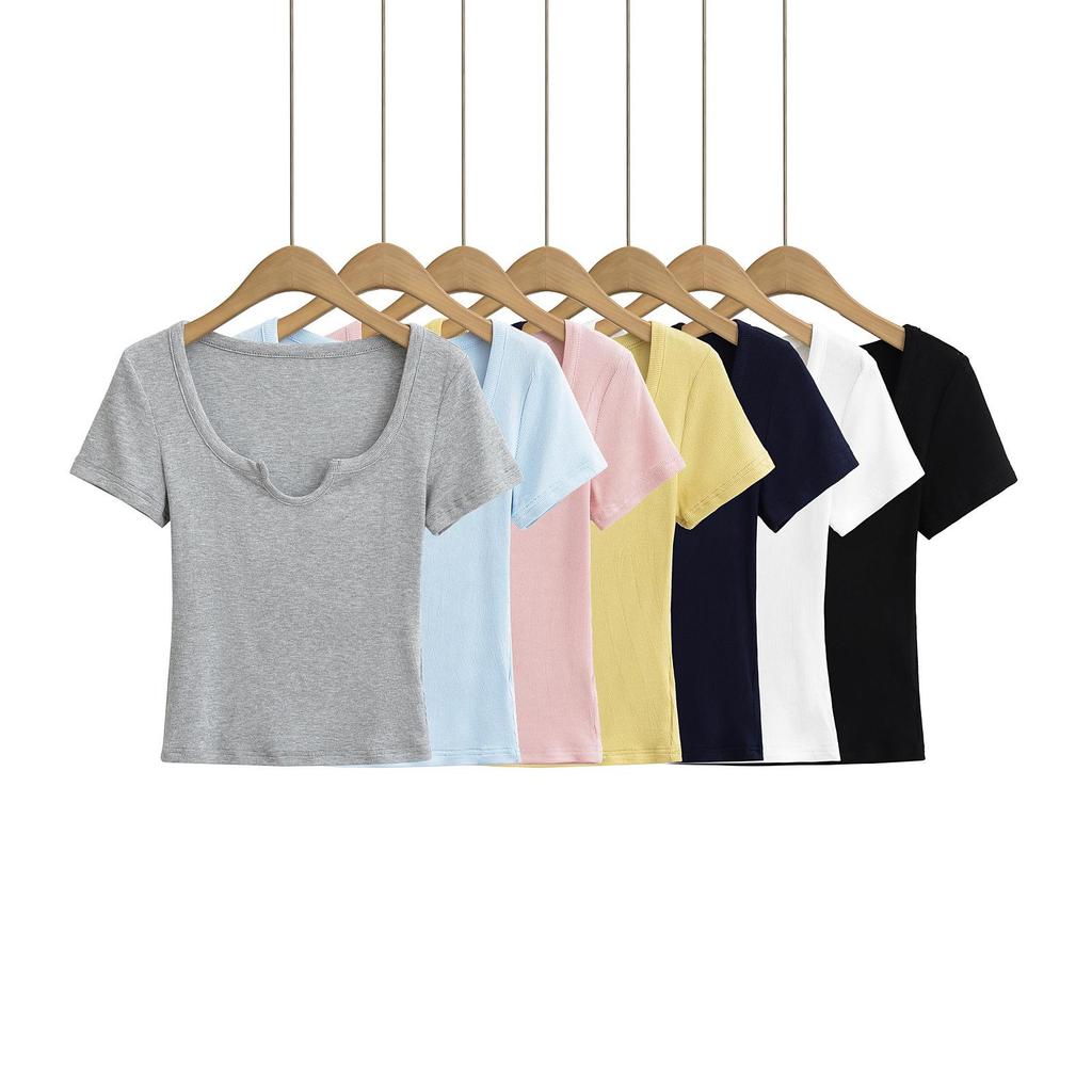 Summer 2025 European & American Style Ribbed Slim Fit U-Neck Short Sleeve Top