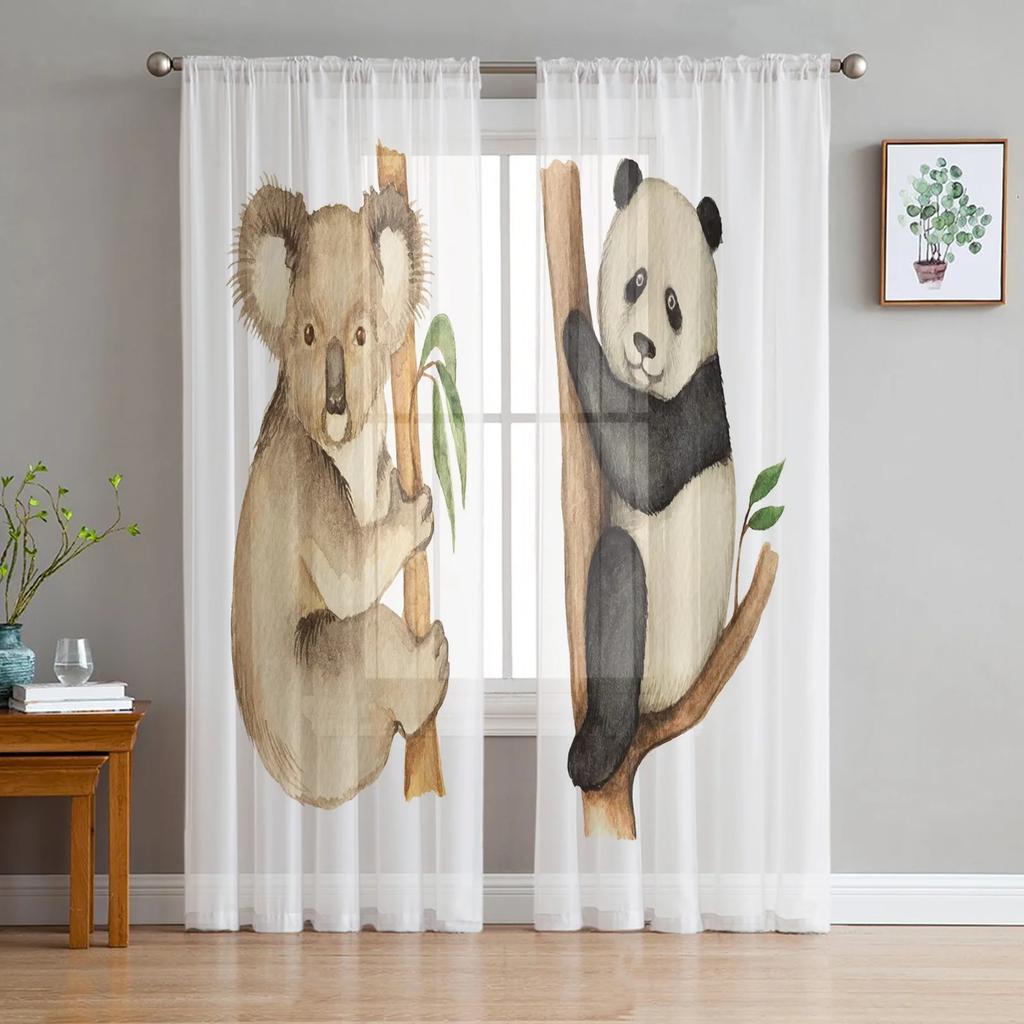 Cartoon Animal Koala Panda tiulowe przezroczyste zasłony okienne do salonu kuchnia dzieci sypialnia woalowa wisząca zasłona