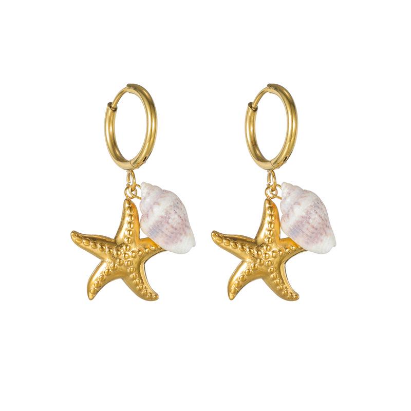 Elegant 18k Gold Titanium Steel Starfish & Seashell Earrings - Luxury Vacation Style
