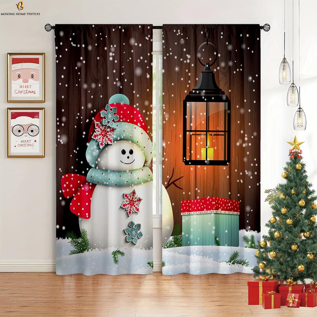 Christmas Decoration Curtains Wooden Elk Snowman Print Curtains Kids Room Restaurant Holiday Party Decoration Curtains 2 Pieces