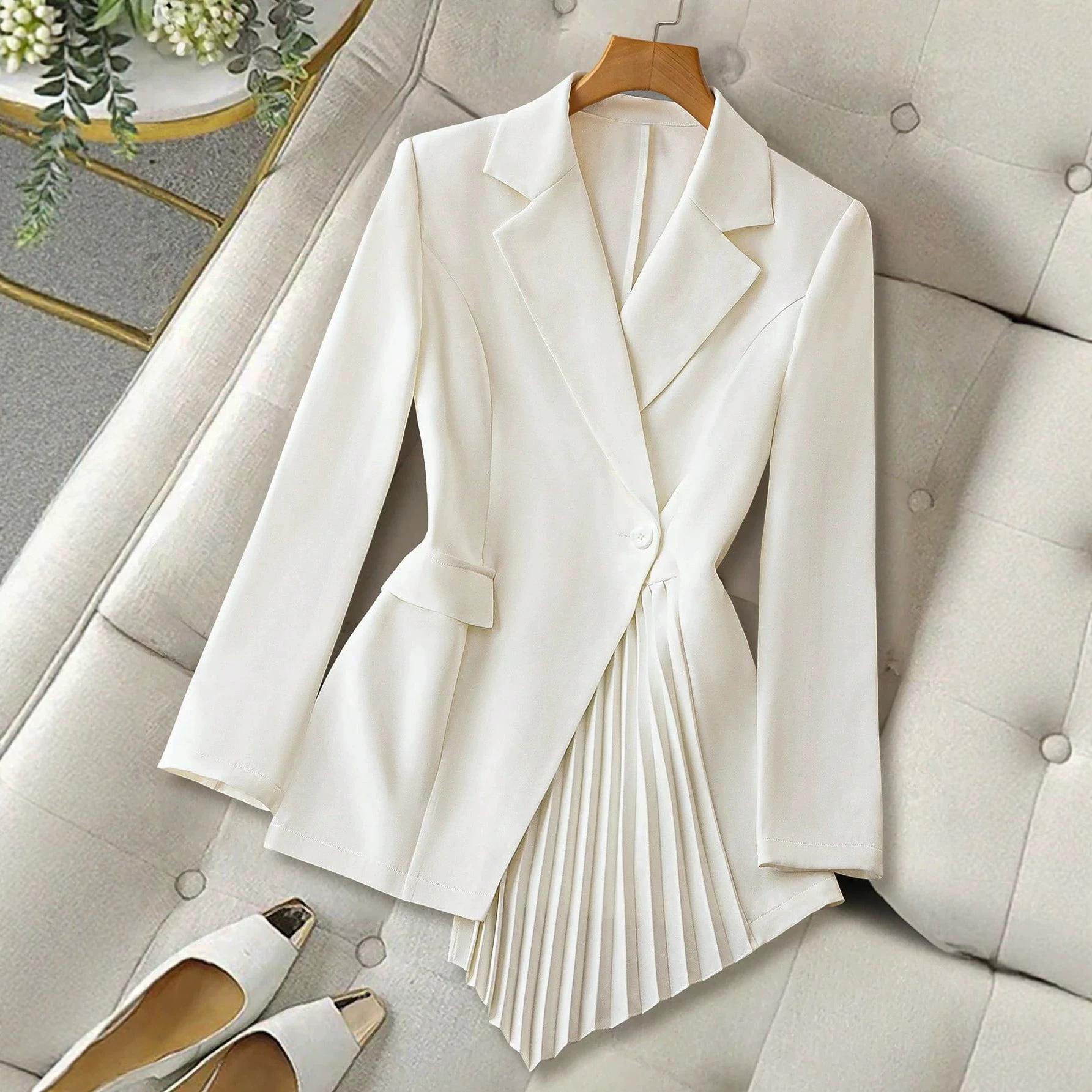 New white women s blazer with asymmetrical pleats, waist-cinching, single-button, elegant commuter suit S