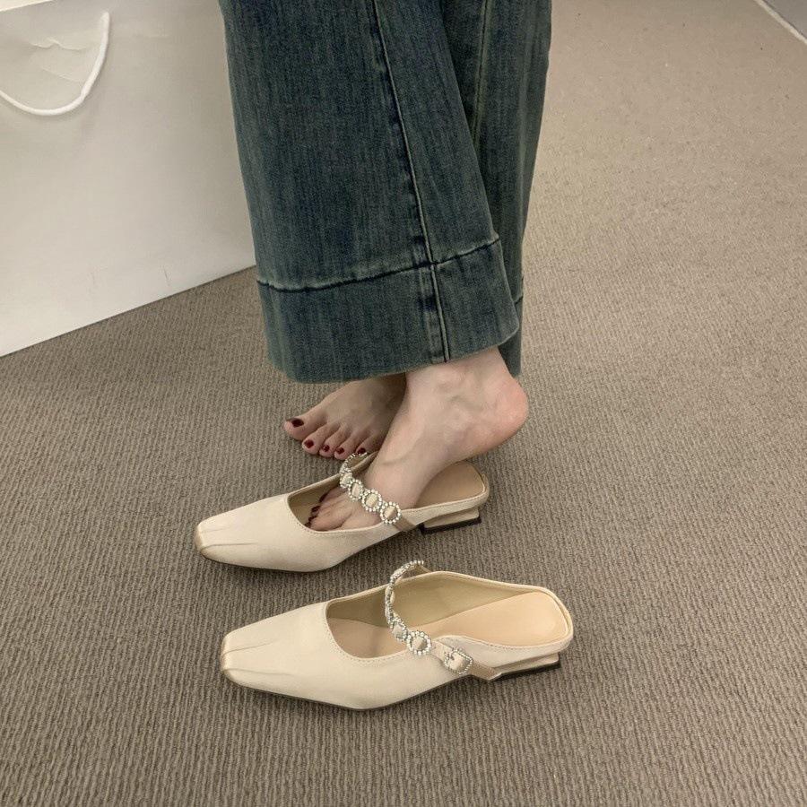 French niche fairy wind bag head half slippers female summer wear lazy one pedal satin low heel muller shoes sandals