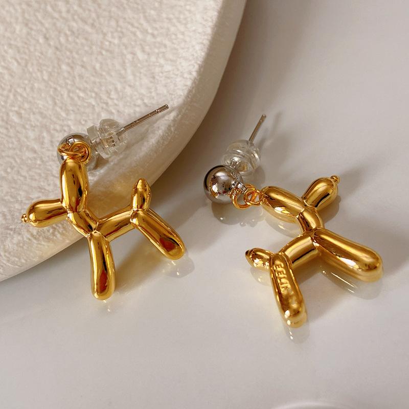 Gold and Silver Color Contrast Fashion Animal Balloon Dog Drop Earrings for Women Children Girls Punk Jewelry