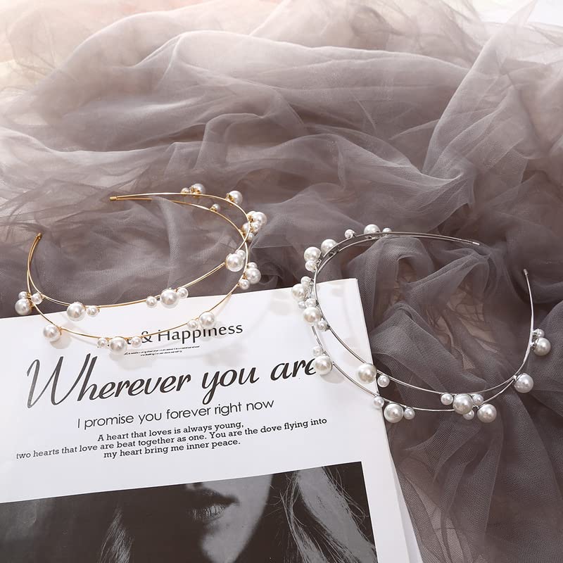 Double Layer Pearl Beaded Headbands Hair Hoops Bridal Hairbands Wedding Hair Accessories Fashion Elegant Pearl Headbands for Women Girls (Gold)