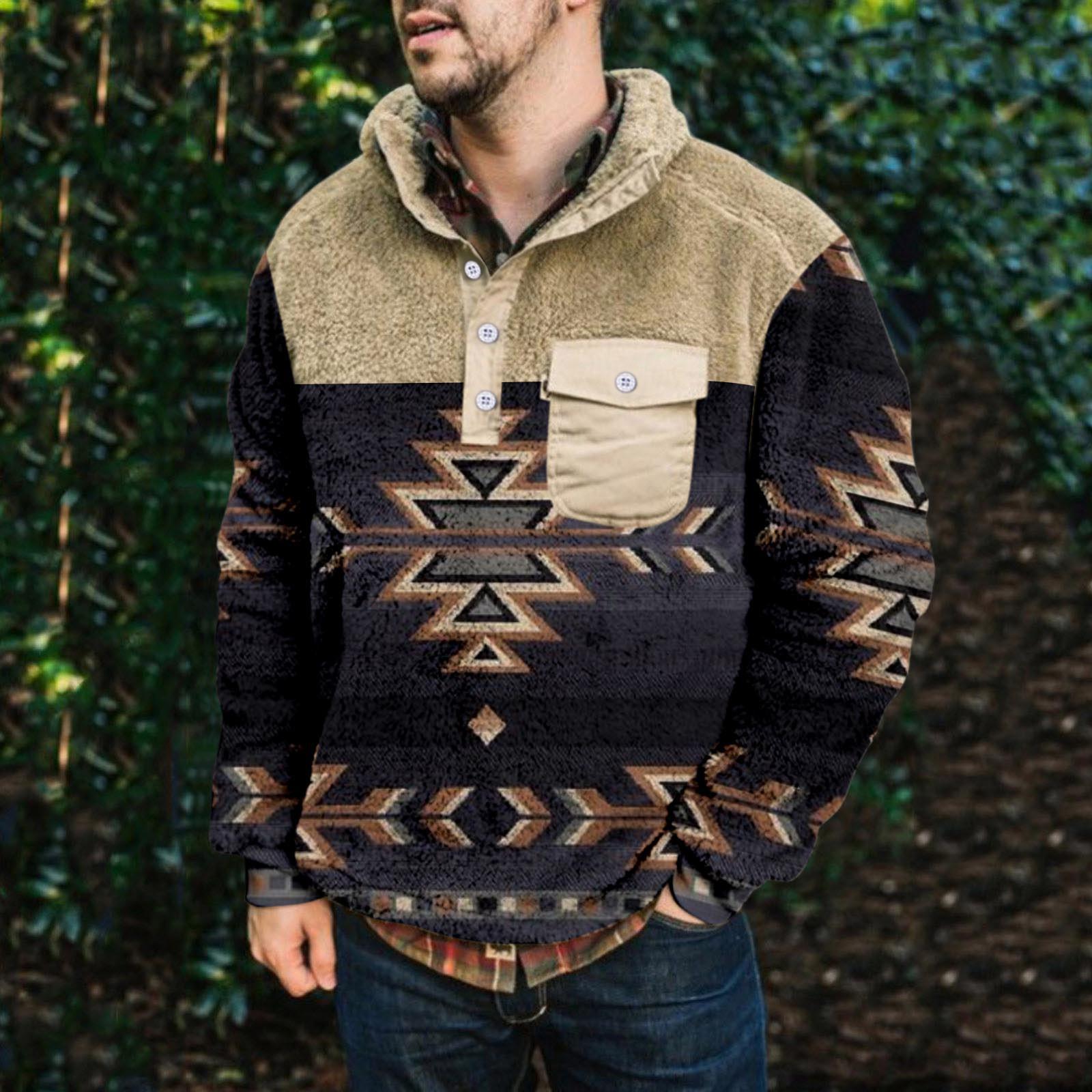 

Мужское плюшевое теплое пальто с принтом, флисовый свитер, повседневное пальто, свитер с карманами, осенне-зимнее пальто L чёрный