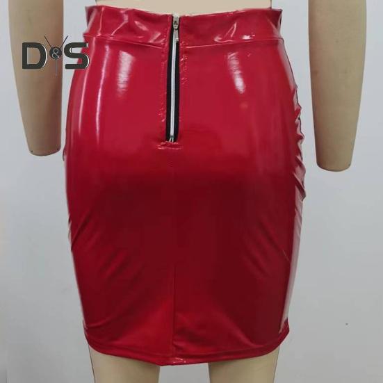 Damen-Clubrock, Kunstleder, dünn, Etui, hohe Taille, Reißverschluss, einfarbig, glänzende Oberfläche, schmale Passform, knielang, Damen-Party-Dating-Rock