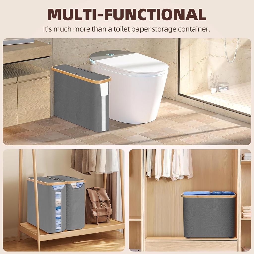 Foldable Toilet Paper Storage Basket with Lid and Handle for 12 Rolls, Waterproof Free Standing Toilet Paper Holder Stand, Bathroom Organizer Cabinet