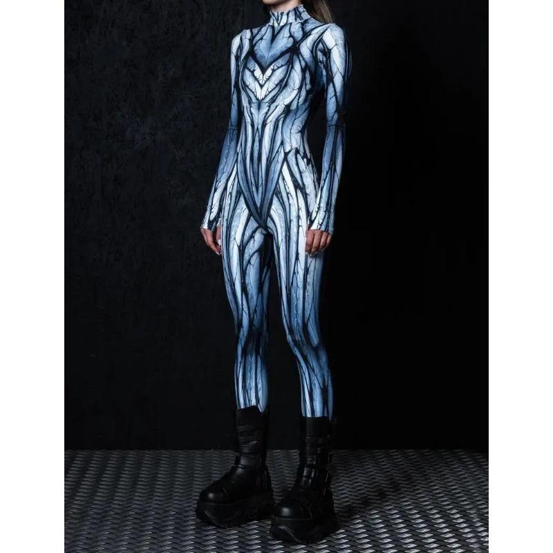 Damski Halloweenowy Kombinezon Body z Długim Rękawem z Nadrukiem Cyfrowym Slim Kostium Cosplay