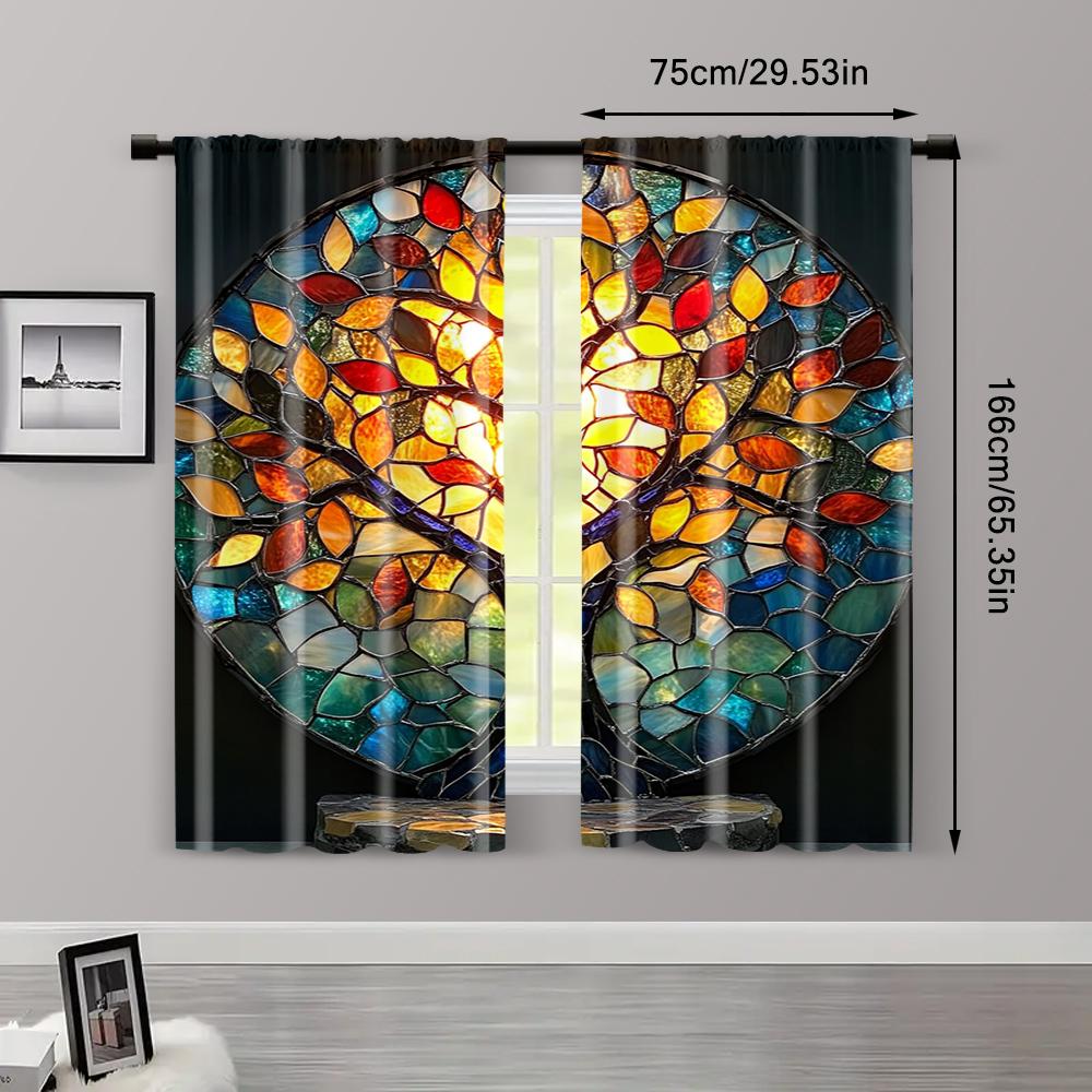 2pc,  Window Drapes Color Mosaic Tree Art 100% Polyester,Without Electricity Family Party Decoration Perfect for Holiday