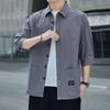 Men's Pure Cotton Seven-Sleeve Shirt - Spring/Summer Solid Color, Loose Fit, Trendy Casual Workwear with Versatile Pocket.