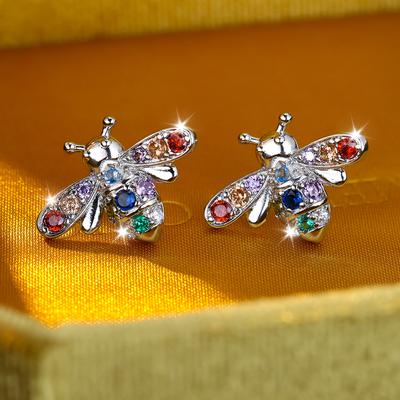 Cute Rainbow Zircon Bee Stud Earrings for Women Delicate Animal Insect  Earrings Wedding Party Jewelry