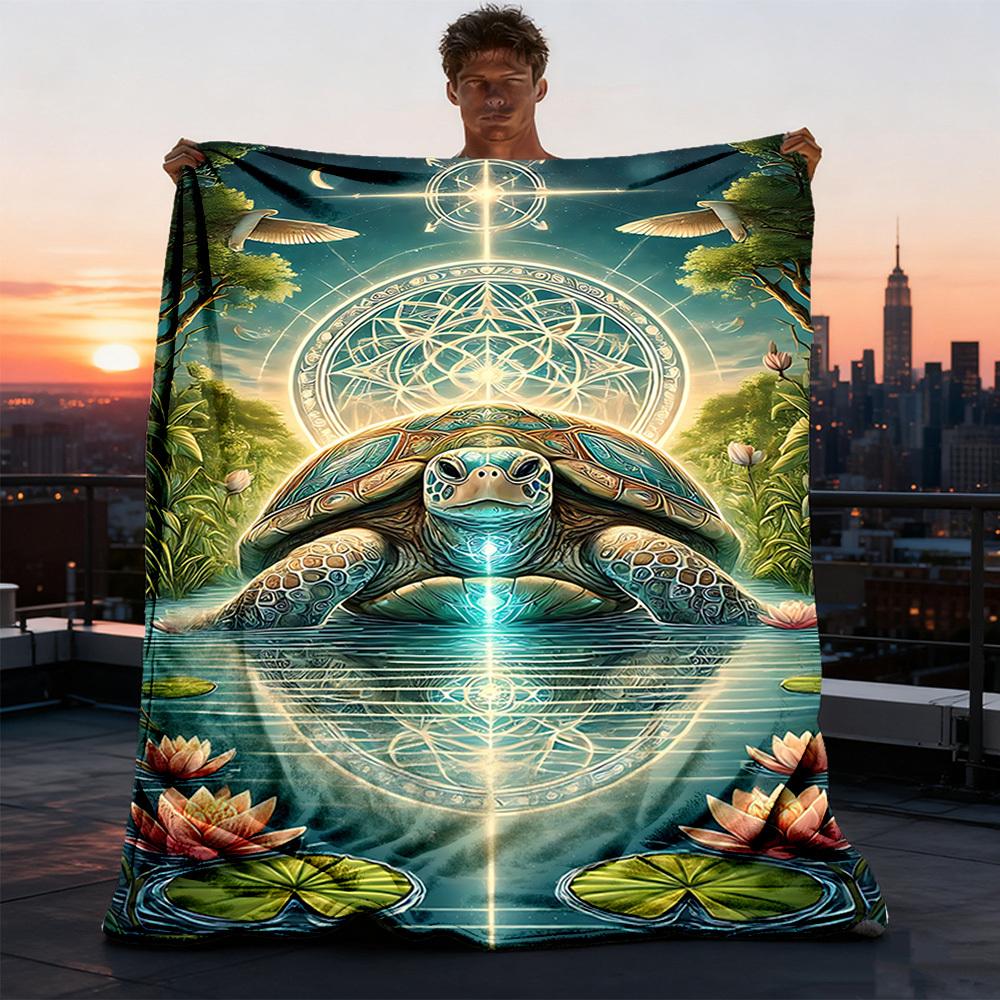 1pc Turtle Pond Mandala Throw Blanket Polyester Fiber, Lightweight Flannel, Soft & Warm, All Season Use for Outdoor, Camping Digital Print