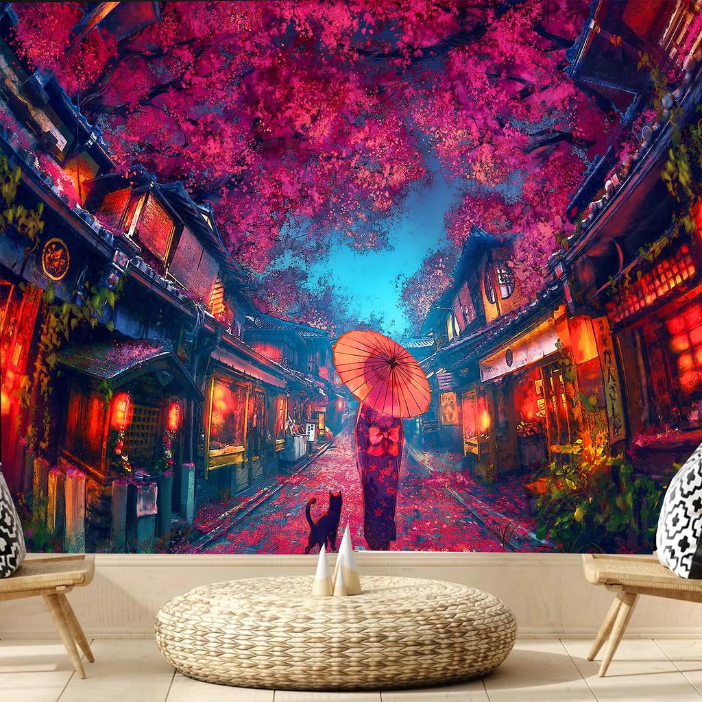 Mountain Tapestry Nature Forest Pink Cherry Blossoms for Bedroom Aesthetic Sunset Wall Hanging Orange and Green Landscape for