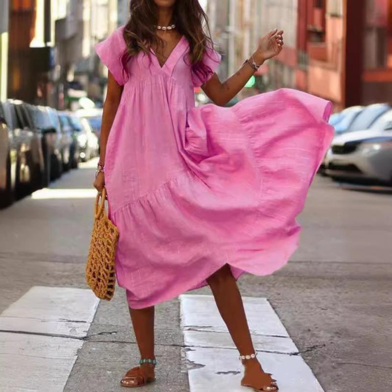 Plus-size Multi-colored Loose V-neck Dress for Women