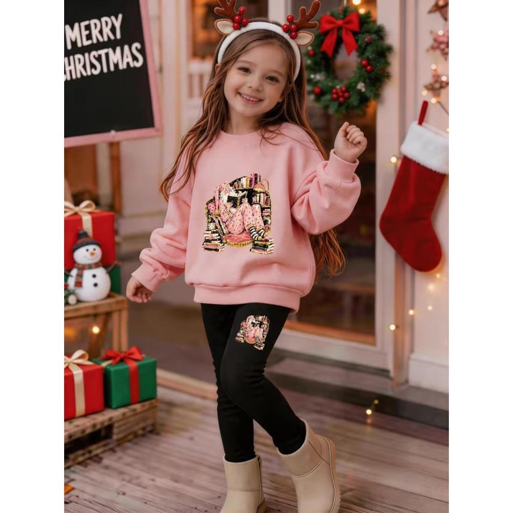 Girls' Christmas Casual Comfortable Soft Loose Pullover Sweatshirt and Leggings 2-Piece Set, New Autumn/Winter, Playful, Sweet and Cool Style