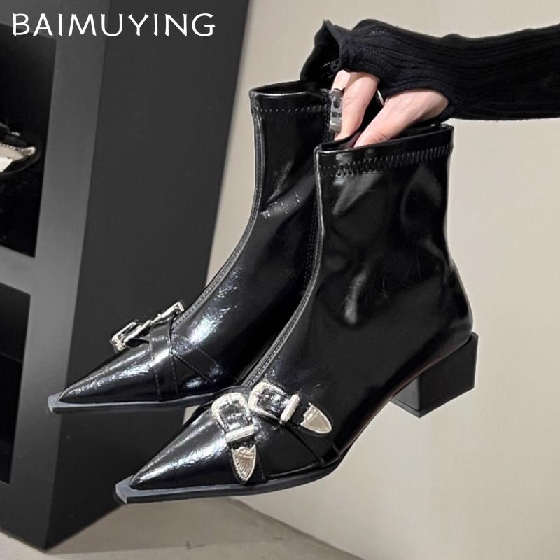 Масивні шкіряні жіночі черевики до щиколотки з гострим носком, сексуальні дизайнерські підбори середньої висоти, зимове взуття, тренд 2025, модні туфлі-човники, готичні ботильйони для жінок